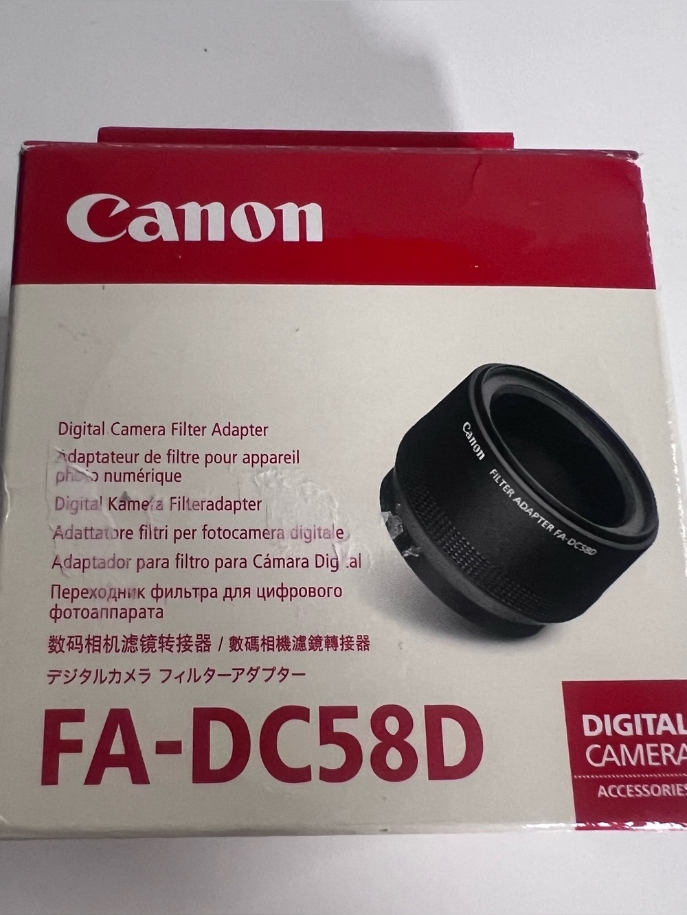 Canon FA-DC58D Filter Adapter in Black and Red Packaging